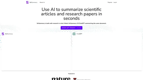 Summarize Scientific Articles Using AI - SciSummary

The translation is straightforward, maintaining the original meaning while ensuring clarity in English. I've kept the website name "SciSummary" intact and translated the descriptive part of the title.