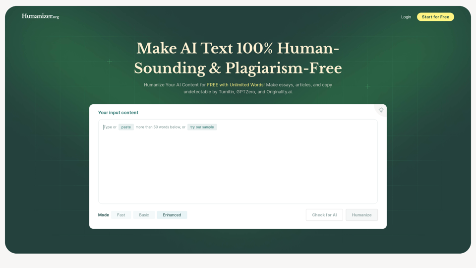 人性化 AI - 將 AI 文字轉換為 100% 人性化內容 | Humanizer.org 
