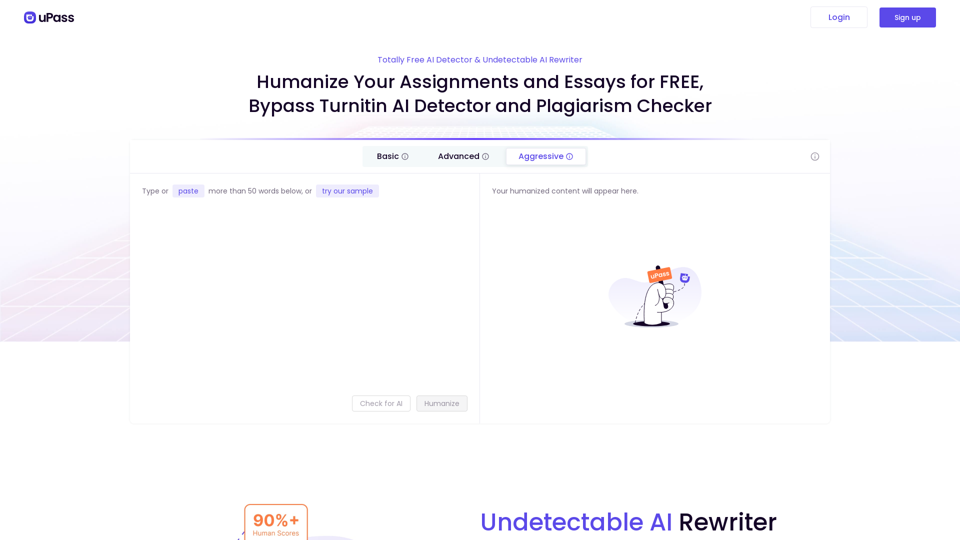 AI Detector, Undetectable AI, and Bypass AI Detection | uPass 

Let's talk about AI detection, undetectable AI, and how to bypass AI detection tools. 

uPass is here to help you navigate this complex landscape.



