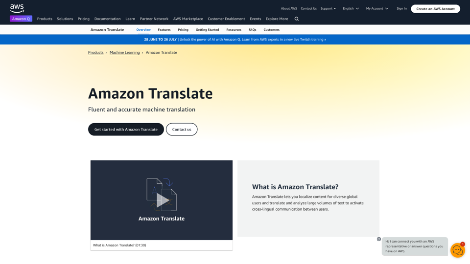 Machine Translation - Amazon Translate - AWS

Amazon Translate is a neural machine translation service that delivers fast, high-quality, and affordable language translation. Amazon Translate allows you to localize content - such as websites and applications - for international users, and to easily translate large volumes of text efficiently.

How it works

1. Input text
2. Amazon Translate
3. Output text

Use cases

• Multilingual user experience
• Cross-lingual communication
• Content analysis in multiple languages

Benefits

• High-quality translations
• Easy to use
• Cost-effective
• Scalable
• Secure and compliant

Features

• Neural machine translation
• Custom terminology
• Batch translation
• Real-time translation
• Language detection
• Profanity filtering