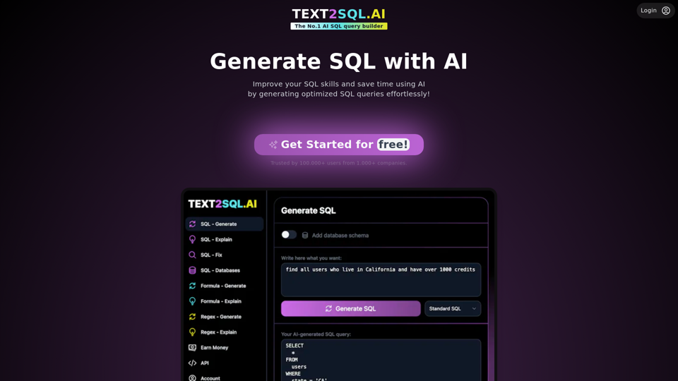 TEXT2SQL.AI - Generate SQL queries with AI for Free!