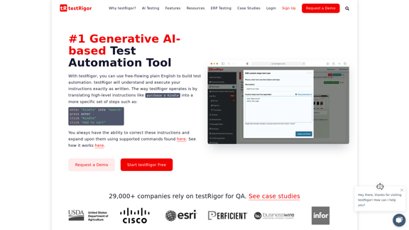 AI-Based Test Automation Tool [2024] - testRigor Software Testing

testRigor is an AI-powered test automation tool that enables teams to create and maintain automated tests without coding. It uses natural language processing to interpret test steps written in plain English, making it accessible to non-technical team members.

Key Features:
1. Codeless test creation
2. AI-driven element selection
3. Cross-browser and cross-device testing
4. Integration with CI/CD pipelines
5. Self-healing tests
6. Visual testing capabilities
7. Performance testing
8. API testing support

Benefits:
- Reduces test creation and maintenance time
- Improves collaboration between QA and development teams
- Increases test coverage and reliability
- Accelerates release cycles
- Lowers the barrier to entry for test automation

Use Cases:
- Web application testing
- Mobile app testing
- API testing
- Regression testing
- End-to-end testing

Pricing:
testRigor offers various pricing plans, including a free trial. Contact their sales team for specific pricing information tailored to your organization's needs.

Overall, testRigor aims to simplify the test automation process, making it more accessible and efficient for teams of all sizes and technical backgrounds.