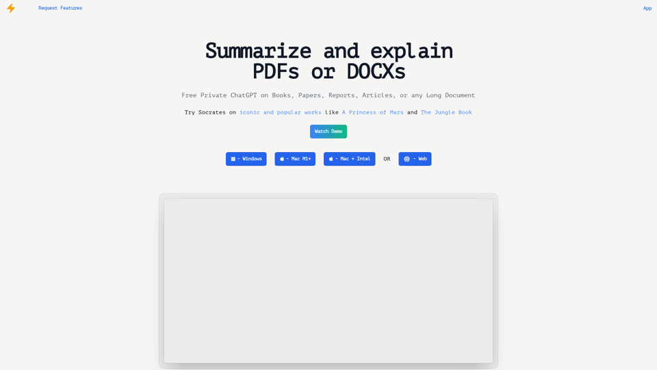 Socrates: A Guide to Summarizing and Explaining PDFs and DOCXs
============================================================

What is Socrates?
--------------------

Socrates is an innovative tool designed to assist users in summarizing and explaining complex documents, including PDFs and DOCXs. This AI-powered platform helps individuals to quickly grasp the main ideas, concepts, and key points from lengthy documents, saving time and increasing productivity.

How Does Socrates Work?
-------------------------

Socrates uses advanced natural language processing (NLP) and machine learning algorithms to analyze and process documents. Here's a step-by-step overview of how it works:

1. Document Upload: Users upload their PDF or DOCX file to the Socrates platform.
2. Document Analysis: Socrates' AI engine analyzes the document, identifying key phrases, sentences, and concepts.
3. Summary Generation: The platform generates a concise summary of the document, highlighting the main ideas and key points.
4. Explanation and Context: Socrates provides additional context and explanations for the summarized points, making it easier for users to understand complex concepts.

Benefits of Using Socrates
-----------------------------

1. Time-Saving: Socrates saves users hours of time by providing a quick and accurate summary of lengthy documents.
2. Improved Understanding: The platform's explanations and context help users to better comprehend complex concepts and ideas.
3. Enhanced Productivity: With Socrates, users can focus on more important tasks, knowing that they have a reliable tool to help them understand and summarize documents.

Use Cases for Socrates
-------------------------

1. Students: Socrates is an excellent tool for students, helping them to quickly understand and summarize academic papers, articles, and research documents.
2. Professionals: Business professionals, researchers, and analysts can use Socrates to analyze and summarize reports, proposals, and other documents, saving time and increasing productivity.
3. Researchers: Socrates is an invaluable tool for researchers, providing a quick and accurate way to summarize and analyze large volumes of research papers and documents.

Conclusion
----------

Socrates is a powerful tool that revolutionizes the way we interact with documents. By providing a quick and accurate summary, explanation, and context, Socrates helps users to save time, increase productivity, and improve their understanding of complex concepts.