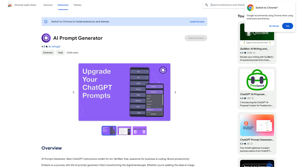 AI Prompt Generator
=====================

What is an AI Prompt Generator?

An AI prompt generator is a tool that uses artificial intelligence to generate high-quality prompts or questions that can be used to interact with language models, chatbots, or other AI systems.

How does it work?

The AI prompt generator uses natural language processing (NLP) and machine learning algorithms to analyze a given topic, theme, or input and generate a set of relevant and engaging prompts.

Benefits of using an AI Prompt Generator

* Time-saving: Generates prompts quickly, saving you time and effort.
* Improved quality: Produces high-quality prompts that are relevant and engaging.
* Increased productivity: Allows you to focus on other tasks while the AI generates prompts.
* Enhanced creativity: Can generate unique and creative prompts that you may not have thought of.

Applications of AI Prompt Generators

* Content creation: Generates prompts for blog posts, articles, and social media content.
* Chatbots and virtual assistants: Creates prompts for conversational AI systems.
* Language learning: Generates prompts for language learning exercises and quizzes.
* Research and development: Helps generate prompts for research papers and projects.

Conclusion

An AI prompt generator is a powerful tool that can help you generate high-quality prompts quickly and efficiently. Its applications are vast, and it can be used in various industries and fields.