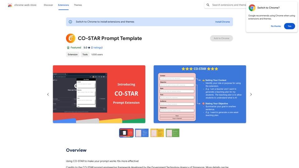 CO-STAR Prompt Template
==========================

Task Description
Describe the task you want the AI to perform. Be specific and concise.

Input Prompt
Provide the input prompt that the AI will receive. This can be a question, a statement, or a scenario.

Desired Response
Describe the desired response from the AI. What type of answer or output are you expecting?

Constraints
List any constraints or rules that the AI should follow when generating a response. This can include tone, style, or specific keywords to include or avoid.

Evaluation Metrics
Describe how you will evaluate the AI's response. What metrics or criteria will you use to determine the quality of the response?

Example Output
Provide an example of what a good response from the AI might look like. This can help clarify the task and provide a target for the AI to aim for.