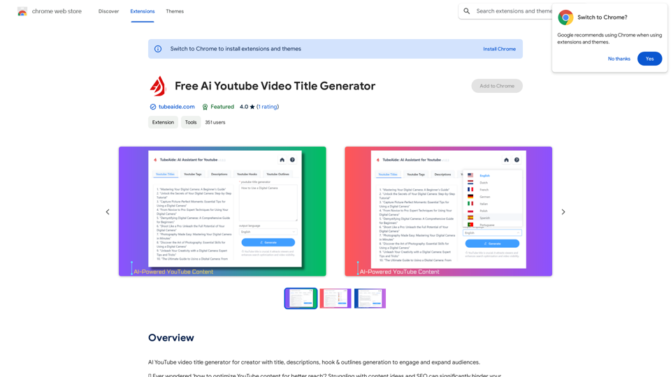 Free AI YouTube Video Title Generator

What is a YouTube Video Title Generator?

A YouTube video title generator is an AI-powered tool that helps you come up with catchy, creative, and relevant titles for your YouTube videos.

How Does it Work?

Our free AI YouTube video title generator uses natural language processing (NLP) and machine learning algorithms to analyze your video's content, keywords, and target audience to suggest attention-grabbing titles that increase engagement and views.

Benefits of Using a YouTube Video Title Generator

* Save Time: No more brainstorming for hours to come up with the perfect title.
* Increase Views: Craft titles that resonate with your audience and entice them to watch your video.
* Boost Engagement: Get more likes, comments, and shares with titles that spark curiosity and interest.
* Improve SEO: Optimize your title for search engines to increase your video's visibility.

How to Use Our Free AI YouTube Video Title Generator

1. Enter Your Video's Keywords: Provide the main keywords related to your video content.
2. Choose Your Target Audience: Select the age range, interests, and preferences of your target audience.
3. Get Title Suggestions: Our AI algorithm will generate a list of creative and relevant title options.
4. Pick Your Favorite: Choose the title that resonates with your audience and video content.

Try Our Free AI YouTube Video Title Generator Today!

Get started now and discover the power of AI-generated titles that drive engagement and views on your YouTube channel!