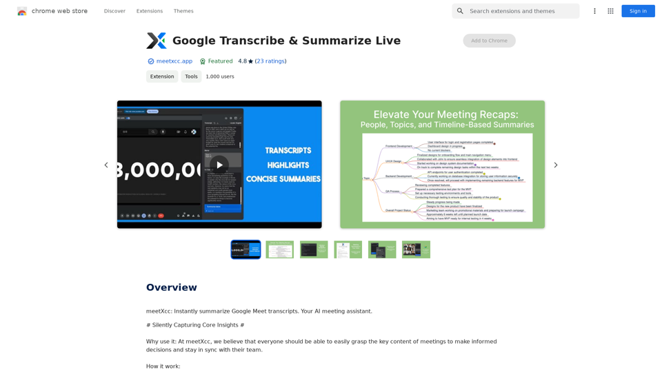 Google Transcribe & Summarize Live

Automatically transcribe and summarize live audio and video streams in real-time using Google's AI technology.