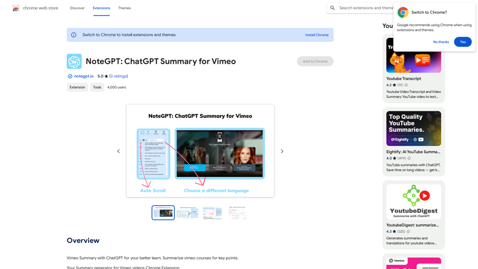 NoteGPT: ChatGPT Summary for Vimeo
===============

What is NoteGPT?

NoteGPT is an AI-powered note-taking tool that utilizes the capabilities of ChatGPT to assist users in summarizing and organizing their video content on Vimeo.

Key Features

* Automatic Summarization: NoteGPT can automatically generate a concise summary of Vimeo videos, saving users time and effort.
* Customizable Notes: Users can add their own notes and tags to the generated summary, making it easy to review and reference later.
* Organization: NoteGPT allows users to organize their video content by categorizing and tagging their notes, making it simple to find specific information.

Benefits

* Time-Saving: NoteGPT's automatic summarization feature saves users time and effort, allowing them to focus on more important tasks.
* Improved Productivity: With NoteGPT, users can quickly review and reference their video content, improving their overall productivity.
* Enhanced Learning: NoteGPT's customizable notes and organization features enable users to engage more effectively with their video content, leading to enhanced learning and retention.

Use Cases

* Education: NoteGPT is ideal for students and educators who need to review and summarize video lectures and online courses.
* Business: NoteGPT can be used by professionals to summarize and organize video content for meetings, training sessions, and presentations.
* Personal Development: Individuals can use NoteGPT to summarize and review video content for personal development, such as language learning or skill-building.