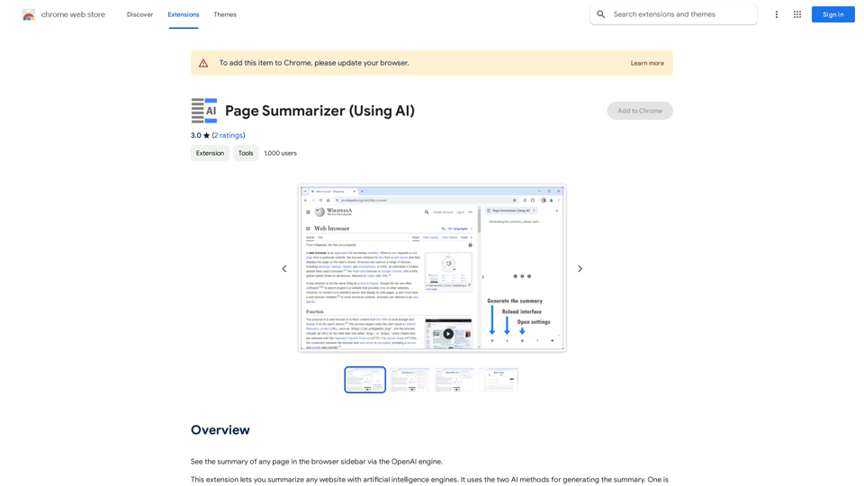 Page Summarizer (Using AI)
=============================

What is a Page Summarizer?

A page summarizer is an AI-powered tool that automatically condenses a large piece of content, such as a webpage, article, or document, into a shorter summary, highlighting the main points and key information.

How Does it Work?

The page summarizer uses natural language processing (NLP) and machine learning algorithms to analyze the content and identify the most important sentences, phrases, and keywords. It then generates a concise summary, usually in a few sentences or paragraphs, that captures the essence of the original content.

Benefits of Using a Page Summarizer

* Time-saving: Quickly get the gist of a long article or webpage without having to read the entire content.
* Improved comprehension: The summary helps to clarify complex information and identify key takeaways.
* Enhanced productivity: Focus on the main points and skip unnecessary details.
* Better research: Easily compare and contrast information from multiple sources.

Applications of Page Summarizer

* Research and academia: Summarize research papers, articles, and documents for faster understanding and analysis.
* Content creation: Get inspiration for writing articles, blog posts, or social media content from summarized information.
* Business and finance: Stay updated on market trends, news, and reports with concise summaries.
* Education: Help students and teachers quickly grasp complex topics and materials.

Conclusion

A page summarizer is a powerful tool that can revolutionize the way we consume and process information. By providing a concise and accurate summary, it saves time, improves comprehension, and enhances productivity.