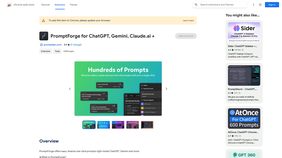 PromptForge for ChatGPT, Gemini, Claude.ai +

PromptForge is an innovative platform designed to revolutionize the way we interact with AI models like ChatGPT, Gemini, and Claude.ai. This cutting-edge tool enables users to craft and fine-tune prompts, unlocking the full potential of these language models.

Key Features:

* Prompt Engineering: Create, test, and refine prompts to achieve specific outcomes from your AI models.
* Collaboration: Share and collaborate on prompts with others, fostering a community-driven approach to AI development.
* Version Control: Track changes and iterations of your prompts, ensuring transparency and reproducibility.
* Analytics: Gain insights into prompt performance, identifying areas for improvement and optimization.

Benefits:

* Improved Accuracy: Craft prompts that elicit more accurate and relevant responses from AI models.
* Increased Efficiency: Streamline your workflow by reusing and building upon existing prompts.
* Enhanced Collaboration: Facilitate knowledge sharing and collaboration among developers, researchers, and users.

Unlock the Power of AI:

By harnessing the capabilities of PromptForge, you can unlock the full potential of AI models like ChatGPT, Gemini, and Claude.ai. Join the revolution in AI development and discover new possibilities in natural language processing.