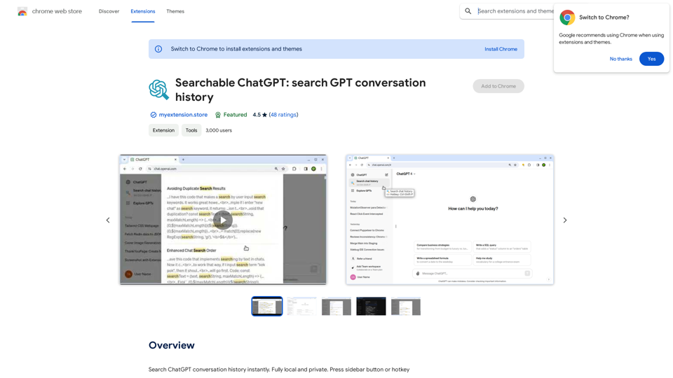 Searchable ChatGPT: Search GPT Conversation History

With the rapid development of artificial intelligence technology, ChatGPT has become an essential tool for people to communicate and interact with AI. However, as the conversation history grows, it becomes increasingly difficult to find specific conversations or topics. To address this issue, we propose the concept of Searchable ChatGPT, which enables users to search their GPT conversation history efficiently.

Key Features

1. Keyword Search

Users can input specific keywords or phrases to search for relevant conversations in their chat history. The system will then display a list of conversations that match the search criteria, allowing users to quickly find the information they need.

2. Contextual Search

In addition to keyword search, users can also search for conversations based on context. For example, they can search for conversations related to a specific topic, such as "travel" or "cooking." The system will then display a list of conversations that are relevant to the specified context.

3. Conversation Filtering

To further refine the search results, users can apply filters to narrow down the list of conversations. For instance, they can filter conversations by date, time, or even the emotions expressed during the conversation.

4. Conversation Analytics

Searchable ChatGPT also provides users with conversation analytics, which offer insights into their conversation patterns and preferences. This feature can help users identify areas for improvement and optimize their communication with ChatGPT.

Benefits

1. Improved Productivity

Searchable ChatGPT saves users time and effort by allowing them to quickly find specific conversations or topics in their chat history.

2. Enhanced User Experience

By providing users with a more efficient way to search and analyze their conversations, Searchable ChatGPT enhances the overall user experience and encourages more effective communication with ChatGPT.

3. Better Decision Making

With access to conversation analytics, users can make more informed decisions by identifying patterns and trends in their conversations with ChatGPT.

Conclusion

Searchable ChatGPT is a powerful tool that revolutionizes the way users interact with ChatGPT. By providing a robust search function, contextual search, conversation filtering, and conversation analytics, Searchable ChatGPT improves productivity, enhances the user experience, and enables better decision making.