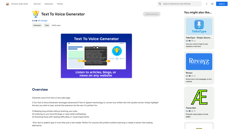 Text to Voice Generator
==========================

A text-to-voice generator, also known as a text-to-speech (TTS) system, is a software that converts written text into a spoken voice output. This technology has been widely used in various applications, including virtual assistants, audiobooks, and language learning platforms.

How it Works
---------------

The process of generating voice from text involves several steps:

1. Text Analysis: The input text is analyzed to identify the language, syntax, and semantics.
2. Phonetic Transcription: The text is converted into a phonetic transcription, which represents the sounds of the spoken language.
3. Prosody Generation: The phonetic transcription is then used to generate the prosody, or rhythm and intonation, of the spoken voice.
4. Waveform Generation: The prosody and phonetic transcription are combined to generate the audio waveform, which is the final spoken voice output.

Types of Text-to-Voice Generators
-----------------------------------

There are two main types of text-to-voice generators:

Rule-Based Systems

These systems use a set of predefined rules to generate the spoken voice output. They are often limited in their ability to produce natural-sounding voices and may sound robotic.

Machine Learning-Based Systems

These systems use machine learning algorithms to learn from large datasets of spoken voices and generate more natural-sounding voices. They are often more advanced and can produce high-quality voice outputs.

Applications of Text-to-Voice Generators
-----------------------------------------

Text-to-voice generators have a wide range of applications, including:

Virtual Assistants

Virtual assistants, such as Siri and Alexa, use text-to-voice generators to respond to user queries.

Audiobooks

Text-to-voice generators can be used to create audiobooks from written texts, making it easier for people to access written content.

Language Learning

Language learning platforms use text-to-voice generators to provide pronunciation guidance and practice exercises for learners.

Accessibility

Text-to-voice generators can be used to assist people with disabilities, such as visual impairments, by providing an auditory interface to written content.