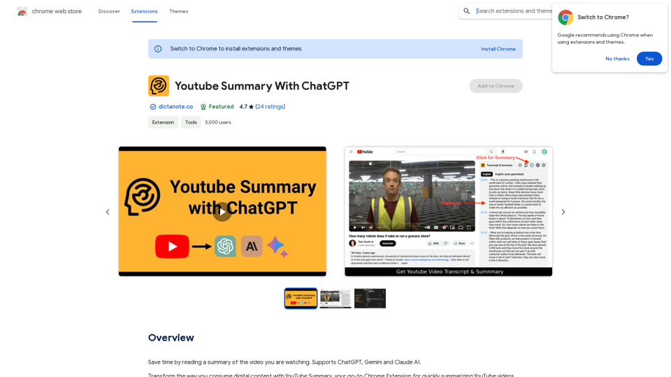 YouTube Summary with ChatGPT
=============================

What is YouTube Summary?

YouTube Summary is a feature that uses artificial intelligence to automatically generate a concise summary of a YouTube video. This summary aims to provide viewers with a quick understanding of the video's content, helping them decide whether to watch the video or not.

How does YouTube Summary work?

YouTube Summary uses natural language processing (NLP) and machine learning algorithms to analyze the video's audio, title, and description. It then identifies the most important and relevant information, condensing it into a short summary.

What is ChatGPT?

ChatGPT is a cutting-edge language model developed by OpenAI. It's a type of artificial intelligence designed to understand and respond to human input in a conversational manner. ChatGPT can engage in discussions, answer questions, and even generate text based on a given prompt.

Combining YouTube Summary with ChatGPT

By integrating ChatGPT with YouTube Summary, we can take video summarization to the next level. ChatGPT's advanced language understanding capabilities can help refine the summary, making it more accurate and informative. This collaboration can also enable the generation of more detailed summaries, providing viewers with a better understanding of the video's content.

Benefits of YouTube Summary with ChatGPT

The combination of YouTube Summary and ChatGPT offers several benefits, including:

* Improved accuracy: ChatGPT's advanced language understanding capabilities can help refine the summary, making it more accurate and informative.
* Enhanced viewer experience: Viewers can quickly understand the video's content, making it easier for them to decide whether to watch the video or not.
* Increased engagement: A more accurate and informative summary can encourage viewers to engage with the video, leading to higher watch times and more meaningful interactions.

Potential Applications

The integration of YouTube Summary with ChatGPT has numerous potential applications, including:

* Video discovery: A more accurate summary can help viewers discover new videos that match their interests.
* Content creation: Creators can use the summary to identify key points and create more engaging titles, descriptions, and tags.
* Accessibility: The summary can help viewers with disabilities, such as visual or hearing impairments, to better understand the video's content.

By combining the power of YouTube Summary with the advanced language understanding capabilities of ChatGPT, we can create a more engaging and informative video viewing experience for everyone.