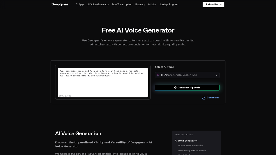 AI Voice Generator & Text to Speech | Deepgram

Transform written text into natural-sounding speech with our AI voice generator and text-to-speech technology.