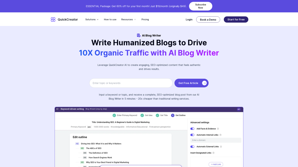 AI Blog Writer - Create Humanized, SEO-Optimized Blogs | QuickCreator

QuickCreator's AI blog writer is a revolutionary tool that helps you generate high-quality, engaging, and SEO-optimized blog posts in a matter of minutes. With its advanced natural language processing capabilities, this AI-powered blog writer creates humanized content that resonates with your target audience.

Key Features:

* Human-like Writing Style: Our AI blog writer uses machine learning algorithms to mimic the tone, style, and language of a human writer, making your blog posts more relatable and engaging.
* SEO Optimization: Get optimized blog posts that are tailored to your target keywords, meta descriptions, and other SEO elements to improve your search engine rankings.
* Fast Content Generation: Say goodbye to writer's block and hello to quick content creation. Our AI blog writer can generate high-quality blog posts in a fraction of the time it takes a human writer.
* Customization Options: Choose from a variety of templates, tone, and style options to create blog posts that align with your brand's voice and personality.

Benefits:

* Save Time and Effort: Focus on other important tasks while our AI blog writer takes care of your content creation needs.
* Increase Productivity: Generate high-quality blog posts at scale and speed to keep your audience engaged and coming back for more.
* Improve SEO Rankings: Get optimized blog posts that are designed to improve your search engine rankings and drive more traffic to your website.

Get Started Today!

Try QuickCreator's AI blog writer today and experience the power of humanized, SEO-optimized content creation.