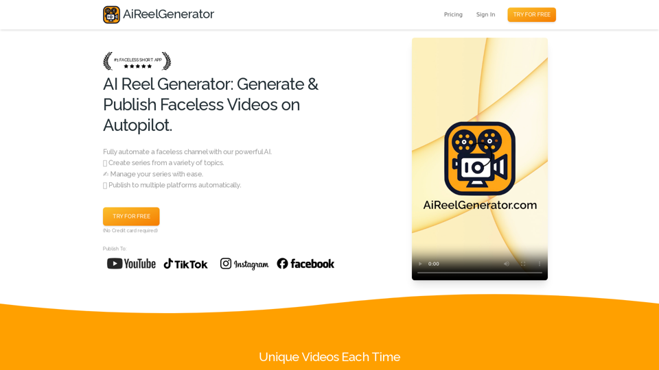 AiReelGenerator.com | 顔のない動画を自動生成。 
