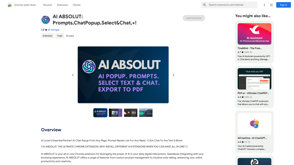 AI ABSOLUT: プロンプト、チャットポップアップ、選択＆チャット、+！ 
