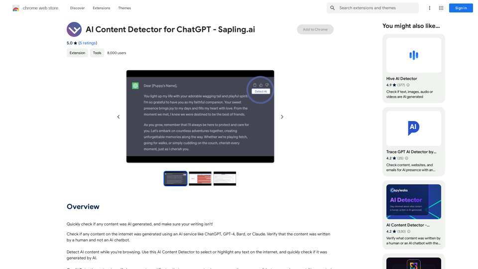 AI Content Detector for ChatGPT - Sapling.ai

Sapling.ai's AI Content Detector is a powerful tool designed to detect AI-generated content, including those produced by ChatGPT. This innovative solution helps you identify and flag suspicious content, ensuring the authenticity and credibility of the information you receive.

How it Works

Our AI Content Detector uses advanced machine learning algorithms to analyze the linguistic patterns, syntax, and semantics of the input text. This allows it to identify the subtle differences between human-written and AI-generated content.

Key Features

* High Accuracy: Our detector boasts an impressive accuracy rate, ensuring reliable results even with complex or nuanced content.
* Real-time Analysis: Get instant results with our real-time analysis feature, perfect for high-volume content screening.
* Customizable Thresholds: Set your own thresholds for detection, allowing you to fine-tune the sensitivity of the tool to your specific needs.
* Integration Ready: Seamlessly integrate our API with your existing workflows and platforms.

Use Cases

* Content Moderation: Ensure the quality and authenticity of user-generated content on your platform.
* Academic Integrity: Detect AI-generated essays and papers, promoting original work and academic honesty.
* Marketing and Advertising: Verify the authenticity of customer reviews and testimonials.

Try it Out

Experience the power of Sapling.ai's AI Content Detector for yourself. Sign up for a free trial and start detecting AI-generated content today!