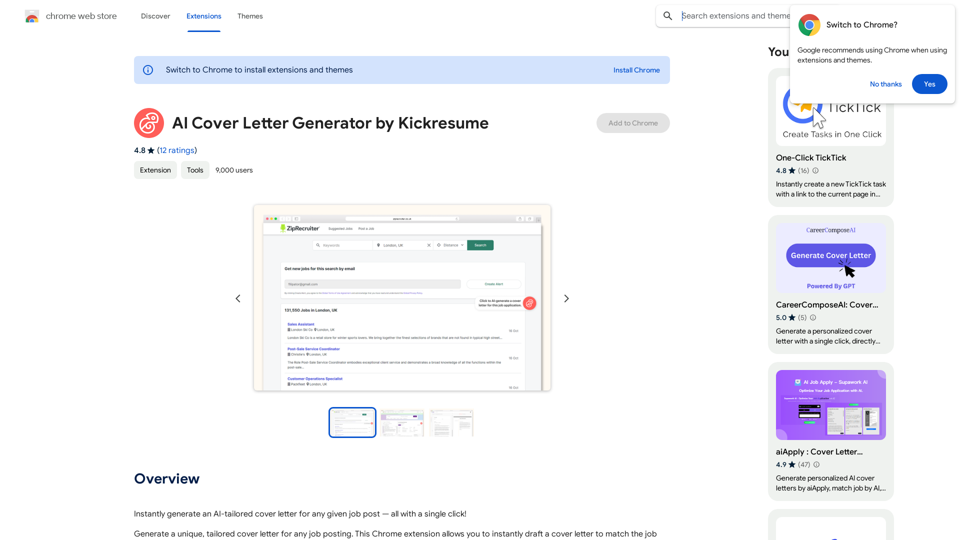 AI Cover Letter Generator by Kickresume
=============================================

Get hired faster with our AI-powered cover letter generator. Write a compelling cover letter in minutes and increase your chances of getting noticed by the hiring manager.

How it Works
---------------

1. Choose a Template: Select from a variety of professionally-designed cover letter templates.
2. Answer a Few Questions: Provide some basic information about the job you're applying for and your qualifications.
3. AI Generates Your Cover Letter: Our AI algorithm creates a tailored cover letter based on your input.
4. Customize and Refine: Review and edit your cover letter to make it perfect.

Benefits
------------

* Save Time: Write a cover letter in minutes, not hours.
* Increase Chances of Getting Hired: Our AI-generated cover letters are optimized to pass through applicant tracking systems (ATS) and catch the hiring manager's attention.
* Get Professional Results: Our templates and AI algorithm ensure your cover letter looks and sounds professional.

Try it Now
--------------

Generate a compelling cover letter with our AI cover letter generator and start getting noticed by hiring managers today!