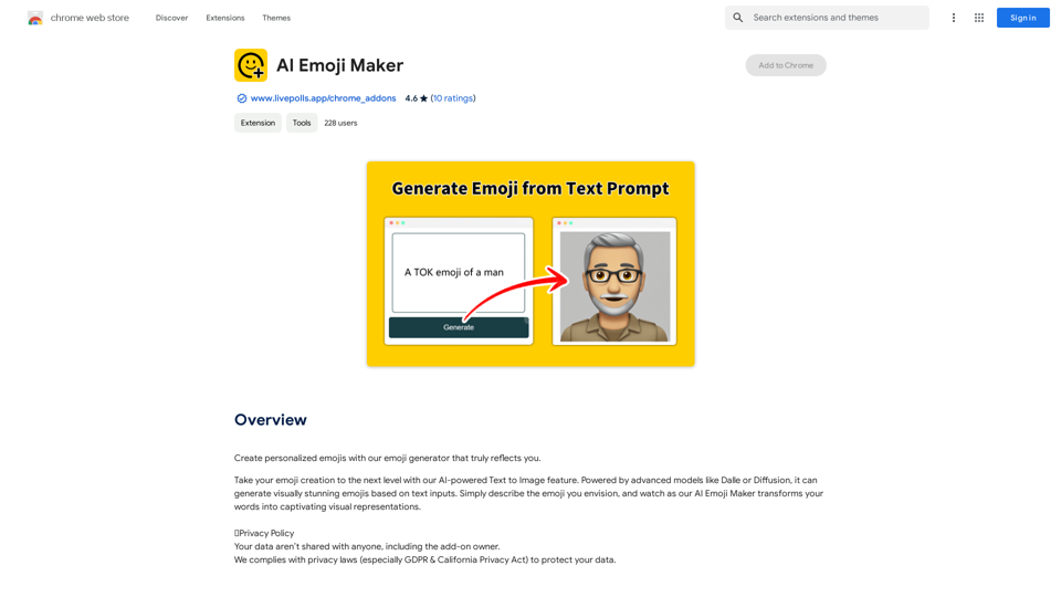 AI Emoji Maker 

This is a fun tool that lets you create your own custom emojis using artificial intelligence! 

Just type in a description of the emoji you want, and our AI will generate some unique options for you to choose from. 

You can then customize your emoji further by adjusting its colors, size, and other features. 

Share your creations with friends and family, or use them to add a personal touch to your online conversations. 


Let your creativity flow and make some awesome emojis! 
