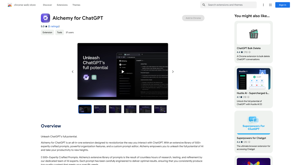 Alchemy for ChatGPT

Introduction

Alchemy is a powerful framework for building and deploying large language models (LLMs) like ChatGPT. It provides a comprehensive set of tools and resources to streamline the entire LLM development lifecycle, from training to deployment and monitoring.

Key Features

* Modular Design: Alchemy is built with a modular architecture, allowing developers to easily customize and extend its functionality.

* Fine-Tuning Capabilities: Alchemy offers robust fine-tuning capabilities, enabling users to adapt pre-trained LLMs to specific tasks and domains.

* Deployment Flexibility: Alchemy supports deployment across various platforms, including cloud, on-premise, and edge devices.

* Monitoring and Evaluation: Alchemy provides tools for monitoring LLM performance and evaluating their effectiveness.

Benefits

* Accelerated Development: Alchemy's modularity and pre-built components significantly reduce development time and effort.

* Improved Accuracy: Fine-tuning capabilities allow for higher accuracy and performance on specific tasks.

* Scalability and Reliability: Alchemy's deployment flexibility ensures scalability and reliability for diverse applications.

* Cost-Effectiveness: Alchemy's efficient resource utilization and streamlined workflows contribute to cost savings.

Use Cases

Alchemy can be used in a wide range of applications, including:

* Chatbots and Conversational AI:

* Text Generation and Summarization:

* Code Generation and Debugging:

* Data Analysis and Insights:

* Personalized Learning and Education:

Conclusion

Alchemy is a powerful and versatile framework that empowers developers to build, deploy, and manage LLMs effectively. Its comprehensive features, benefits, and diverse use cases make it an ideal choice for organizations looking to leverage the transformative potential of LLMs.
