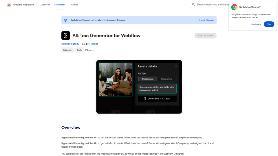 Alt Text Generator for Webflow 

This tool helps you generate descriptive alt text for your Webflow images. 

Why is Alt Text Important?

* Accessibility: Alt text allows screen readers to describe images to visually impaired users.
* SEO: Search engines use alt text to understand the content of your images, improving your website's ranking.

How to Use:

1. Paste your image URL: Enter the URL of the image you want to generate alt text for.
2. Click "Generate Alt Text": The tool will analyze the image and suggest relevant alt text.
3. Review and Edit:  Read the generated alt text and make any necessary changes to ensure it accurately describes the image.

Example:

Image URL: https://www.example.com/image.jpg

Generated Alt Text: A photo of a smiling woman holding a cup of coffee.

Remember:

* Keep alt text concise and descriptive.
* Use keywords that accurately reflect the image content.
* Avoid using generic phrases like "image" or "picture."


