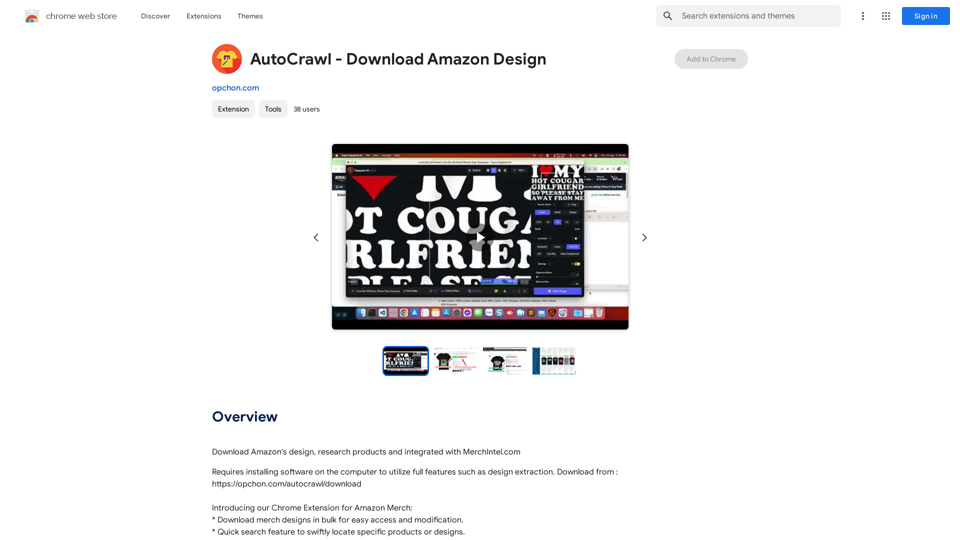 AutoCrawl - Download Amazon Designs 

This is a tool to help you download designs from Amazon product pages. 

Here's how it works:

1. Paste the Amazon product URL:  Put the link to the Amazon product page you want to download designs from.
2. Select the design type: Choose the type of design you want to download (e.g., images, logos, patterns).
3. Click "Download":  The tool will automatically extract and download the selected designs.

Features:

* Easy to use: Just paste the URL and click a button.
* Multiple design types: Download images, logos, patterns, and more.
* Fast and efficient: Quickly download multiple designs at once.

Disclaimer:

* Use this tool responsibly and ethically.
* Respect copyright laws and only download designs for personal use.


