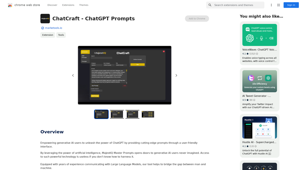 ChatCraft - ChatGPT Prompts

What is ChatCraft?

ChatCraft is a tool that helps you generate creative and effective prompts for ChatGPT. 

Why Use ChatCraft?

* Unlock ChatGPT's Potential: Get more insightful, engaging, and surprising responses from ChatGPT.
* Save Time and Effort:  Quickly brainstorm and refine prompts without getting stuck.
* Explore New Ideas: Discover unique angles and perspectives for your ChatGPT interactions.

How to Use ChatCraft:

1. Choose a Category: Select from a range of categories like storytelling, code generation, dialogue writing, and more.
2. Provide Input:  Give ChatCraft some context or keywords related to your desired outcome.
3. Generate Prompts: ChatCraft will generate a variety of tailored prompts for you to use with ChatGPT.
4. Experiment and Refine:  Try out different prompts and see what works best for your needs.


Let ChatCraft be your guide to unlocking the full potential of ChatGPT!
