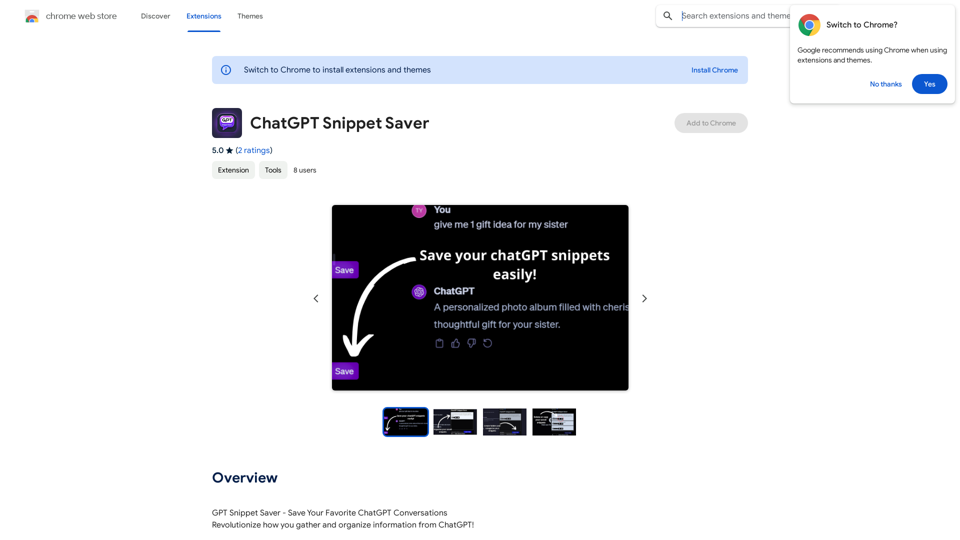 ChatGPT Snippet Saver

This is a simple tool to save snippets from your ChatGPT conversations. 

How to Use:

1.  Copy the text snippet you want to save from your ChatGPT conversation.
2.  Paste the text into the input box below.
3.  Click the "Save Snippet" button.

Your snippet will be saved to your local storage. You can access your saved snippets later by clicking the "View Saved Snippets" button.



