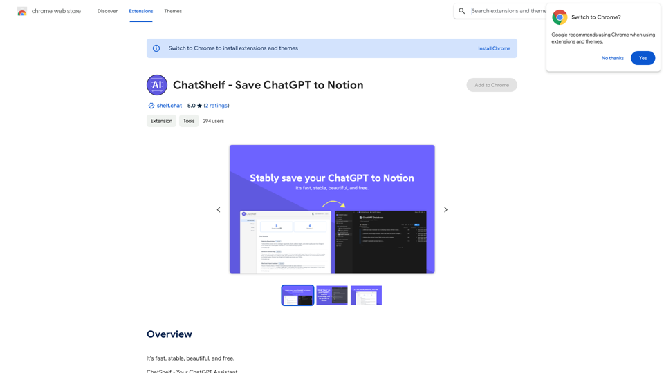 ChatShelf - Save ChatGPT to Notion

ChatShelf is a tool that lets you save your ChatGPT conversations directly into Notion. 

It's a simple way to keep track of your AI interactions and use them later. 

Just copy the link to your ChatGPT conversation and paste it into ChatShelf. 

It will then extract the conversation and create a Notion page for you. 


