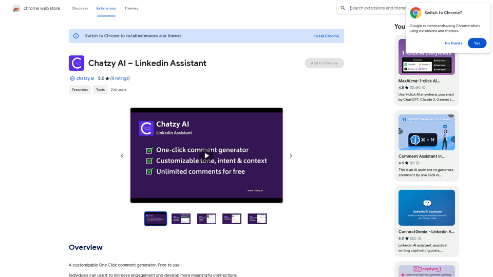 Chatzy AI – LinkedIn Assistant 

This is a powerful AI assistant designed to help you with your LinkedIn activities. 

Here's what it can do:

* Craft compelling LinkedIn posts:  Generate engaging content for your profile, updates, and articles.
* Write personalized connection requests:  Make a great first impression with tailored messages that stand out.
* Summarize lengthy articles:  Quickly grasp the key points of industry news and insights.
* Optimize your LinkedIn profile:  Get suggestions for improving your profile to attract more connections and opportunities.
* Answer your LinkedIn messages:  Save time by having Chatzy AI respond to common inquiries.

Boost your LinkedIn presence and productivity with Chatzy AI! 


