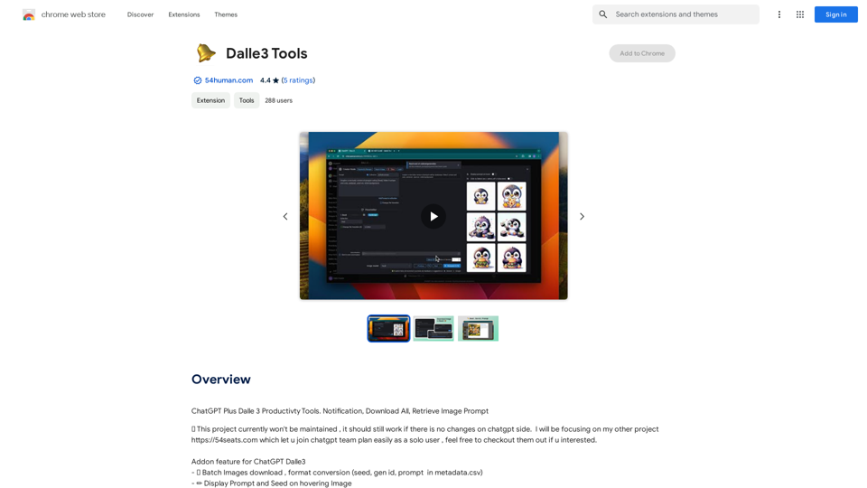 Dalle3 Tools 

This is a collection of tools built to enhance your experience with DALL-E 3, an AI system that generates images from text descriptions. 

Here's what you can do with these tools:

* Prompt Engineering: Craft better prompts to get the images you envision.
* Image Editing: Modify existing DALL-E 3 images with text instructions.
* Batch Processing: Generate multiple images from a list of prompts efficiently.
* Style Transfer: Apply the artistic style of one image to another.
* And more!

Explore the possibilities and unleash your creativity with DALL-E 3 Tools. 
