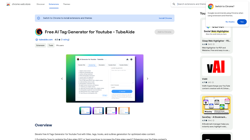 Бесплатный генератор тегов для YouTube - TubeAide 


