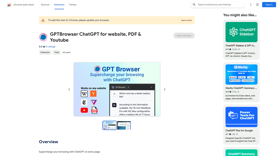 GPTBrowser ChatGPT pour les sites Web, les PDF et YouTube 
