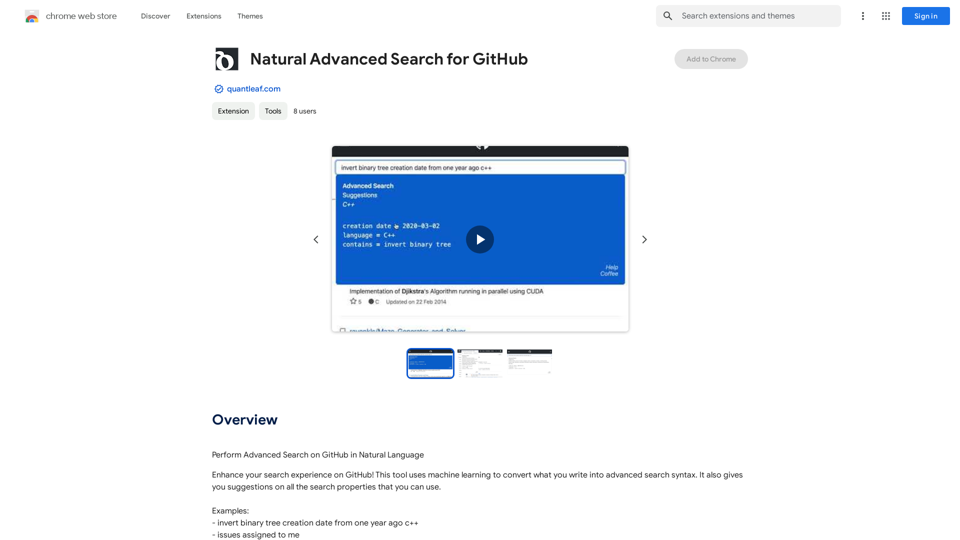 Natural Advanced Search for GitHub 

This is a tool that makes searching GitHub easier and more powerful. 

It lets you search using natural language, like you would in a regular search engine. 

For example, instead of typing `language:python stars:>100`, you could simply type `find Python projects with over 100 stars`. 

The tool will then understand your request and return the most relevant results. 


It also supports advanced search operators, so you can be even more specific with your searches. 

For example, you could use operators like `in:title`, `author:username`, or `created:>2023-01-01` to narrow down your results. 
