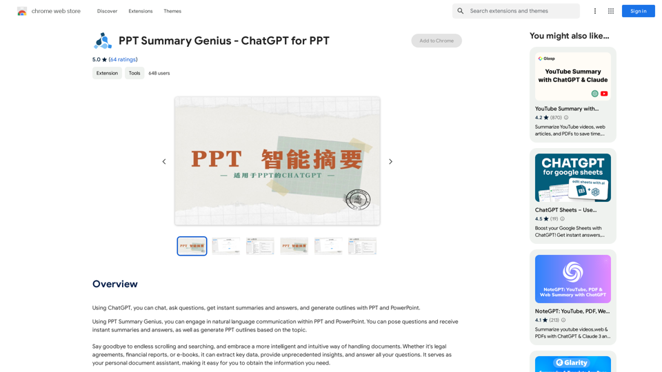 PPT 总结大师 - ChatGPT 为 PPT 服务

简要介绍:

PPT 总结大师是一个利用 ChatGPT 的强大语言模型，帮助你快速生成高质量的 PPT 总结。

功能:

* 自动生成 PPT 总结:  只需上传你的 PPT 文件，PPT 总结大师就能自动识别内容，并生成简洁明了的总结。
* 多种总结方式:  可以选择不同的总结方式，例如关键词提取、摘要生成、要点列出等，满足不同需求。
* 个性化定制:  可以根据你的需求，调整总结的长度、风格和内容重点。
* 高效便捷:  告别繁琐的PPT总结过程，只需几秒钟，就能生成精炼的总结。

优势:

* 节省时间:  自动生成总结，大幅缩短PPT总结时间。
* 提高效率:  专注于PPT内容，无需花费大量时间进行总结。
* 提升质量:  ChatGPT 的强大语言模型，保证总结的准确性和质量。
* 易于使用:  简洁易用的界面，即使没有技术经验的用户也能轻松上手。



