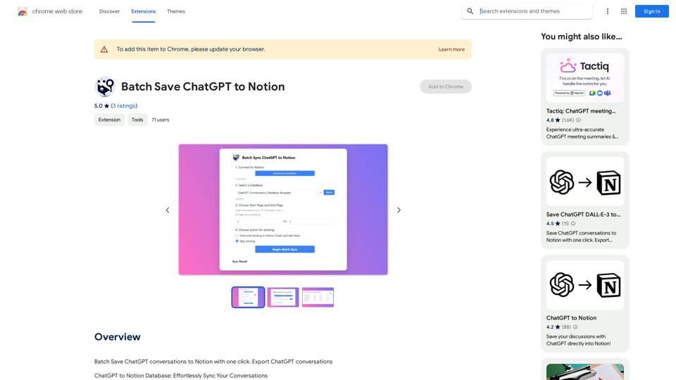 Batch Save ChatGPT to Notion

This is a guide on how to save multiple ChatGPT responses to Notion in a batch. 

Tools You'll Need:

* ChatGPT: An AI chatbot that can generate text.
* Notion: A note-taking and project management tool.
* Python: A programming language.
* Requests Library: A Python library for making HTTP requests.

Steps:

1. Get Your Notion API Token:
   - Go to your Notion workspace settings.
   - Navigate to the "Integrations" tab.
   - Click "Create new integration" and choose "API Token".
   - Copy your API token.

2. Install Python Libraries:
   - Open your terminal or command prompt.
   - Type `pip install requests` and press Enter.

3. Write Python Script:
   - Create a new Python file (e.g., `save_chatgpt_to_notion.py`).
   - Paste the following code into the file, replacing `YOUR_NOTION_API_TOKEN` with your actual token:

```python
import requests

def save_chatgpt_response_to_notion(response, page_id, token):
  """Saves a ChatGPT response to a Notion page."""
  url = f"https://api.notion.com/v1/pages/{page_id}/children"
  headers = {"Authorization": f"Bearer {token}"}
  data = {
    "parent": {
      "page_id": page_id
    },
    "properties": {
      "title": {
        "title": [
          {
            "text": {
              "content": "ChatGPT Response"
            }
          }
        ]
      },
      "content": {
        "rich_text": [
          {
            "text": {
              "content": response
            }
          }
        ]
      }
    }
  }
  response = requests.post(url, headers=headers, json=data)
  print(response.status_code)

Example usage
page_id = "YOUR_NOTION_PAGE_ID"
token = "YOUR_NOTION_API_TOKEN"

Get ChatGPT responses (replace with your actual ChatGPT interaction)
chatgpt_responses = [
  "This is the first ChatGPT response.",
  "This is the second ChatGPT response.",
  "This is the third ChatGPT response."
]

Save each response to Notion
for response in chatgpt_responses:
  save_chatgpt_response_to_notion(response, page_id, token)
```

4. Run the Script:
   - In your terminal, navigate to the directory where you saved the Python file.
   - Type `python save_chatgpt_to_notion.py` and press Enter.

5. Check Notion:
   - Open your Notion workspace and go to the page specified by `page_id`.
   - You should see your ChatGPT responses saved as separate blocks.



