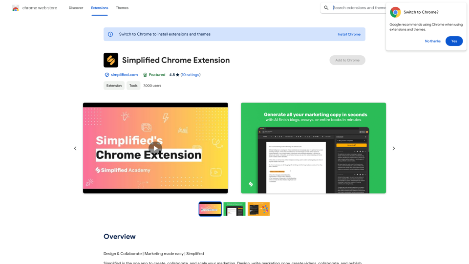 Simplified Chrome Extension

This is a basic Chrome extension designed to be easy to understand and modify. 

Manifest File (manifest.json):

```json
{
  "manifest_version": 3,
  "name": "Simplified Extension",
  "version": "1.0",
  "description": "A simple Chrome extension example.",
  "permissions": [
    "activeTab"
  ],
  "action": {
    "default_popup": "popup.html"
  }
}
```

Popup HTML (popup.html):

```html
<!DOCTYPE html>
<html>
<head>
  <title>Simplified Extension</title>
</head>
<body>
  <h1>Hello from the extension!</h1>
  <p>This is a simple popup.</p>
</body>
</html>
```

Explanation:

* manifest.json: This file tells Chrome what your extension does.
    * `manifest_version`: Specifies the version of the manifest file format.
    * `name`: The name of your extension.
    * `version`: The current version of your extension.
    * `description`: A brief description of your extension.
    * `permissions`: Lists the permissions your extension needs to function. Here, it needs access to the active tab.
    * `action`: Defines the popup that appears when the extension icon is clicked.

* popup.html: This file contains the HTML code for the popup window.

How it works:

1. When you install the extension, Chrome reads the `manifest.json` file.
2. When you click the extension icon, Chrome opens the `popup.html` file in a new window.
3. The popup displays the "Hello from the extension!" message.



