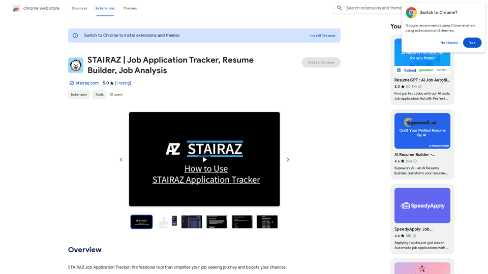 STAIRAZ 

Job Application Tracker, Resume Builder, Job Analysis 
