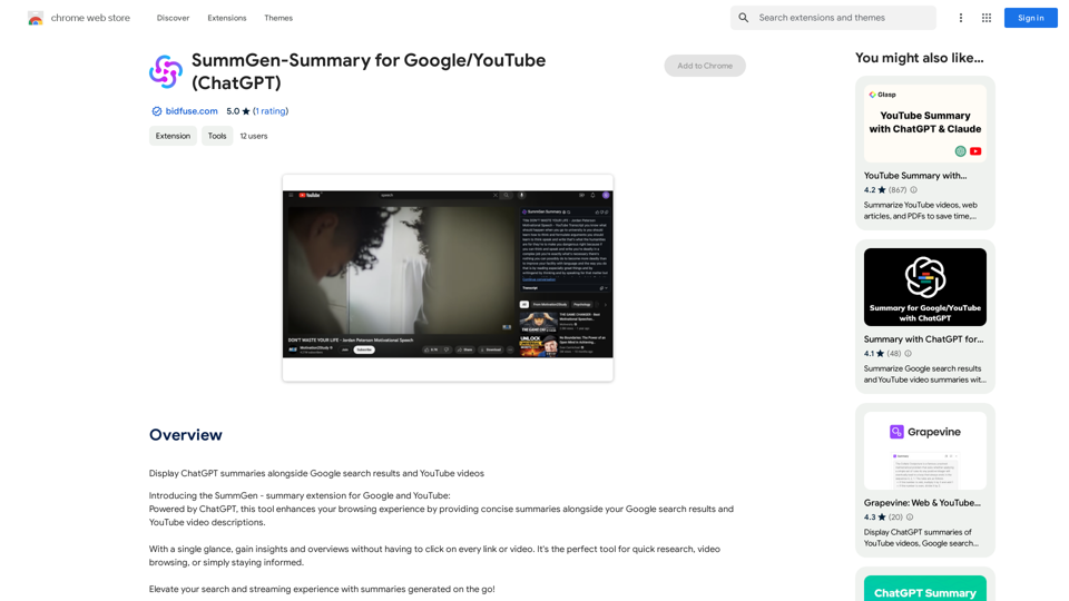 SummGen-Summary for Google/YouTube (ChatGPT) 

This is a summary of the capabilities and potential uses of SummGen, a text summarization model, specifically in the context of Google and YouTube.

* What is SummGen? 

SummGen is a powerful text summarization model developed by Google DeepMind. It excels at condensing large amounts of text into concise and informative summaries.

* How can SummGen be used with Google Search?

Imagine searching Google for a complex topic. SummGen could analyze the top search results and generate a brief, clear summary of the key information, saving you time and effort.

* Applications for YouTube:

* Video Summaries: SummGen could automatically generate summaries of YouTube videos, making it easier for viewers to quickly understand the content.
* Closed Captions:  SummGen could enhance closed captions by providing more accurate and concise summaries of the spoken words.
* Content Discovery: YouTube could use SummGen to create summaries of trending videos, helping users discover new content based on their interests.


* Benefits:

* Efficiency: SummGen saves time by providing concise summaries of large amounts of text.
* Accessibility:  Summaries can make information more accessible to people with visual or cognitive impairments.
* Improved Understanding:  Summaries can help users grasp complex topics more easily. 


SummGen has the potential to revolutionize how we interact with information on Google and YouTube, making it more efficient, accessible, and understandable. 
