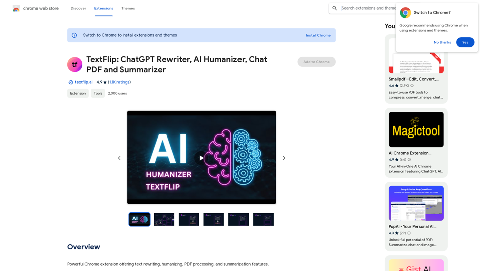 TextFlip: ChatGPT リライター、AI ヒューマナイザー、チャット PDF と要約ツール 
