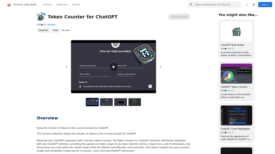 Token Counter for ChatGPT 

This tool helps you count the number of tokens in your text input.

How to Use:

1. Paste your text into the input box.
2. Click the "Count Tokens" button.
3. The number of tokens will be displayed below the input box.

What is a Token?

A token is the basic unit of text that ChatGPT processes. 

It can be a word, part of a word, or a punctuation mark.


Example:

Input Text: Hello, world!

Token Count: 4 
