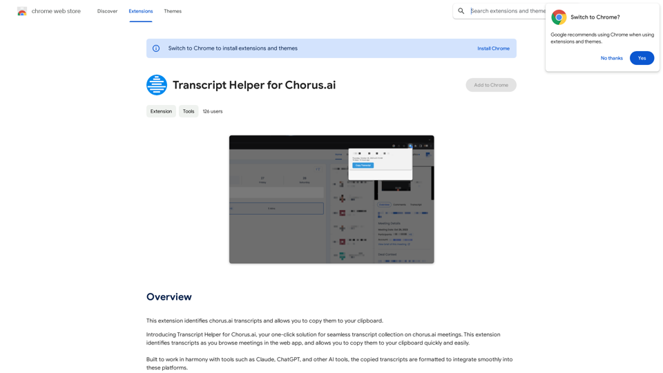 Transcript Helper for Chorus.ai 

This is a tool designed to help you work with transcripts generated by Chorus.ai. 


Let me know what you need help with! For example, you can ask me to:

* Summarize a transcript: Give me a transcript and I'll provide a concise summary of the main points.
* Find specific information: Tell me what you're looking for (e.g., "find all mentions of product X") and I'll search the transcript for relevant text.
* Identify key speakers: I can analyze the transcript and tell you who the main speakers are.
* Generate action items: Based on the transcript, I can help you identify tasks that need to be completed.
* Translate the transcript: I can translate the transcript into another language.



What can I do for you today? 
