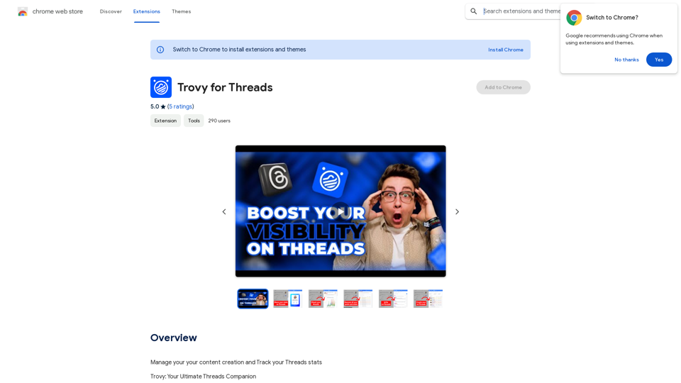 Trovy for Threads

这是一个为 Threads 应用程序设计的应用程序。


它可以帮助你更好地管理你的 Threads 账号。


它可以让你轻松地：

* 查看你的 Threads 帖子
* 回复帖子
* 搜索帖子
* 管理你的关注者
* 设置通知


Trovy 是一款免费的应用程序，现在就下载吧！
