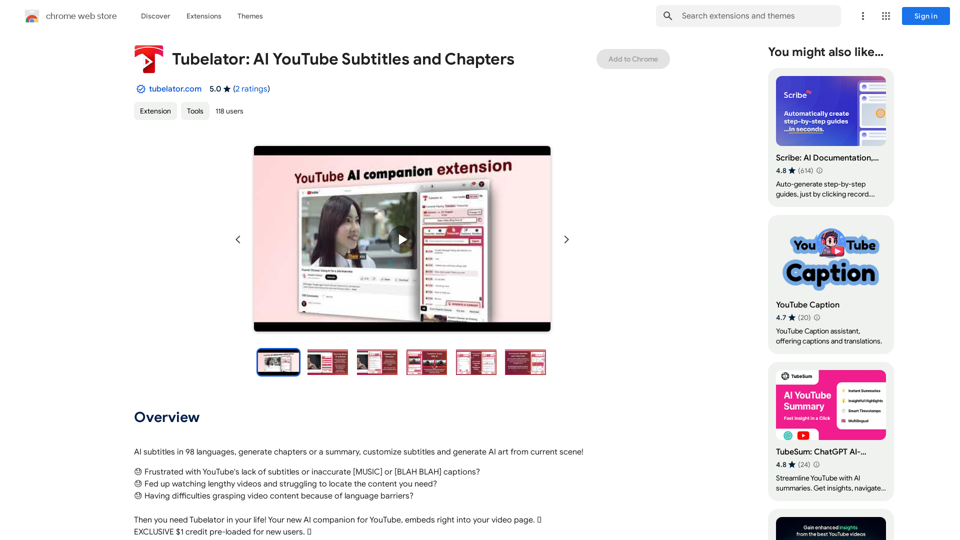 Tubelator : Sous-titres et chapitres IA pour YouTube 
