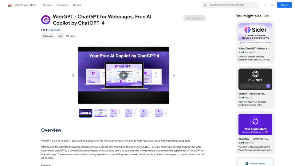 WebGPT - ChatGPT pour les pages Web, Assistant d'IA gratuit par ChatGPT-4 
