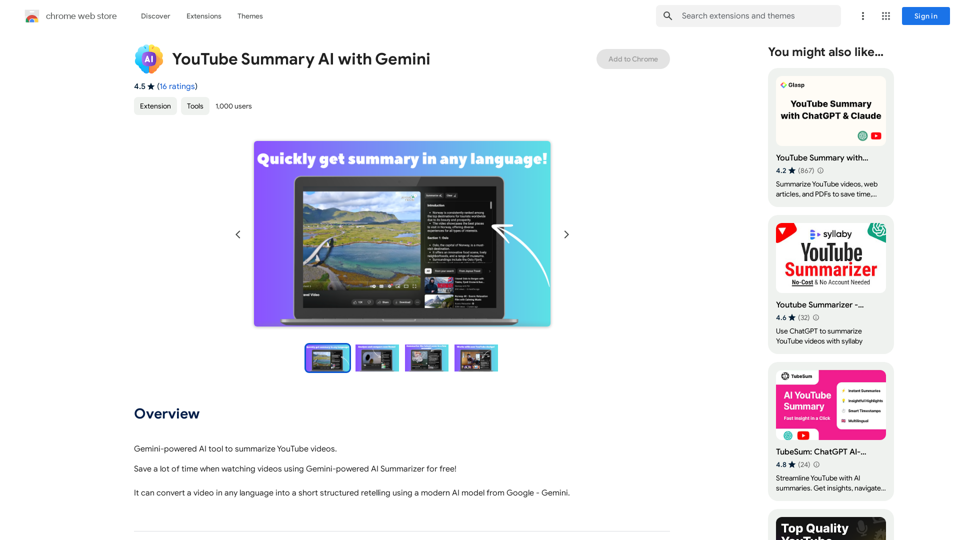 YouTube Summary AI with Gemini

Gemini, Google's powerful new AI, is making waves in the world of YouTube. 

Imagine a future where YouTube videos automatically generate concise and informative summaries. That's exactly what Gemini aims to achieve.

By leveraging its advanced language understanding capabilities, Gemini can analyze video content and extract key points, creating summaries that capture the essence of the video. 

This means viewers can quickly grasp the main ideas without having to watch the entire video.

Gemini's potential applications extend beyond simple summaries. It could also be used to:

* Generate captions:  Automatically create accurate captions for videos, making them accessible to a wider audience.
* Translate videos:  Break down language barriers by translating videos into different languages.
* Create interactive experiences:  Enable viewers to engage with videos in new and innovative ways through interactive summaries and quizzes.


Gemini's arrival on YouTube promises to revolutionize the way we consume and interact with video content. 
