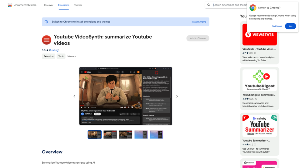 Youtube VideoSynth: Summarize Youtube Videos

This tool uses artificial intelligence to create short summaries of YouTube videos. 

Simply paste the YouTube video URL into the input field, and VideoSynth will generate a concise summary of the video's content. 


