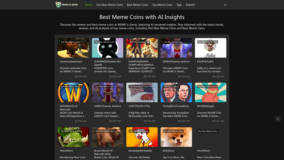 Best Meme Coins with AI Insights at MEME is Game 

Let's explore the top meme coins gaining traction in the crypto space, enhanced by the power of AI insights at MEME is Game. 


