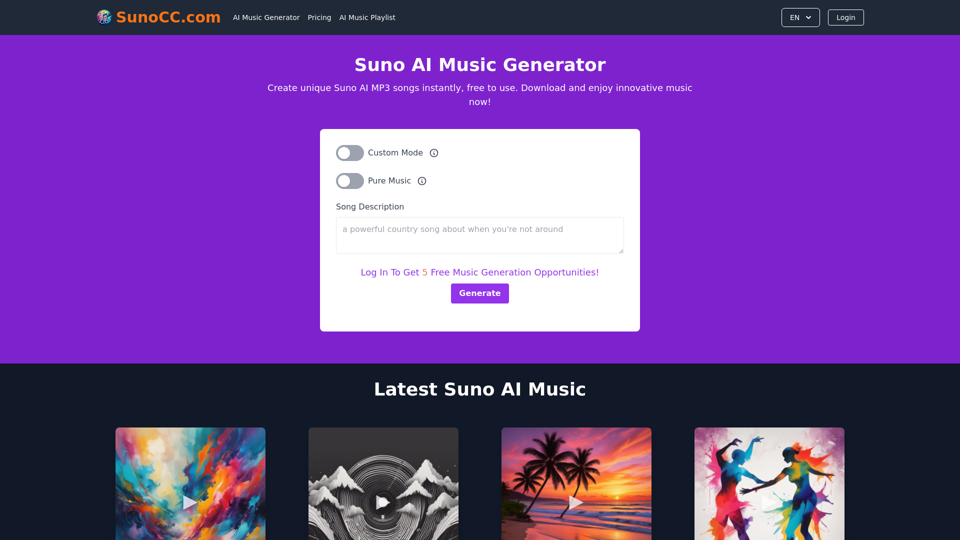 Générateur de musique AI Suno, gratuit par SunoCC.com 
